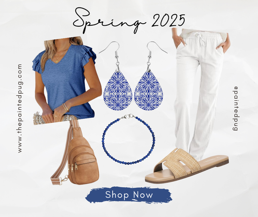 Spring 2025 outfit flat lay featuring a blue top, white linen pants, blue & white teardrop earrings, and a tan sling bag