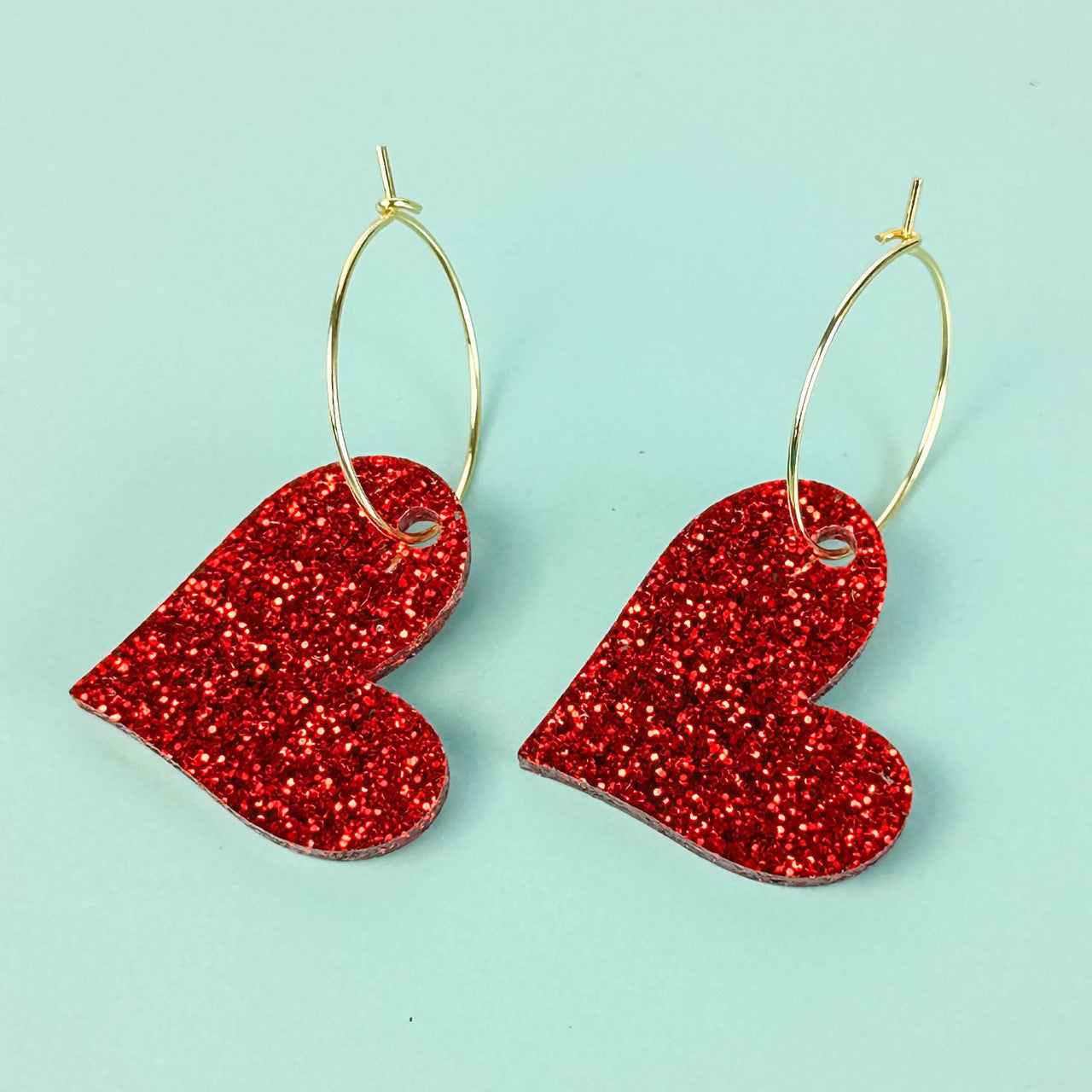 Heart Earrings – Red Glitter Acrylic Hoop Dangles