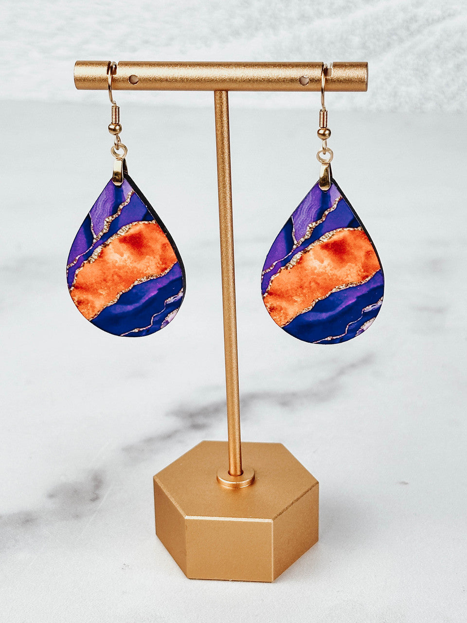 Purple & Orange Teardrop Earrings – Handmade Statement Jewelry with Gold Accents