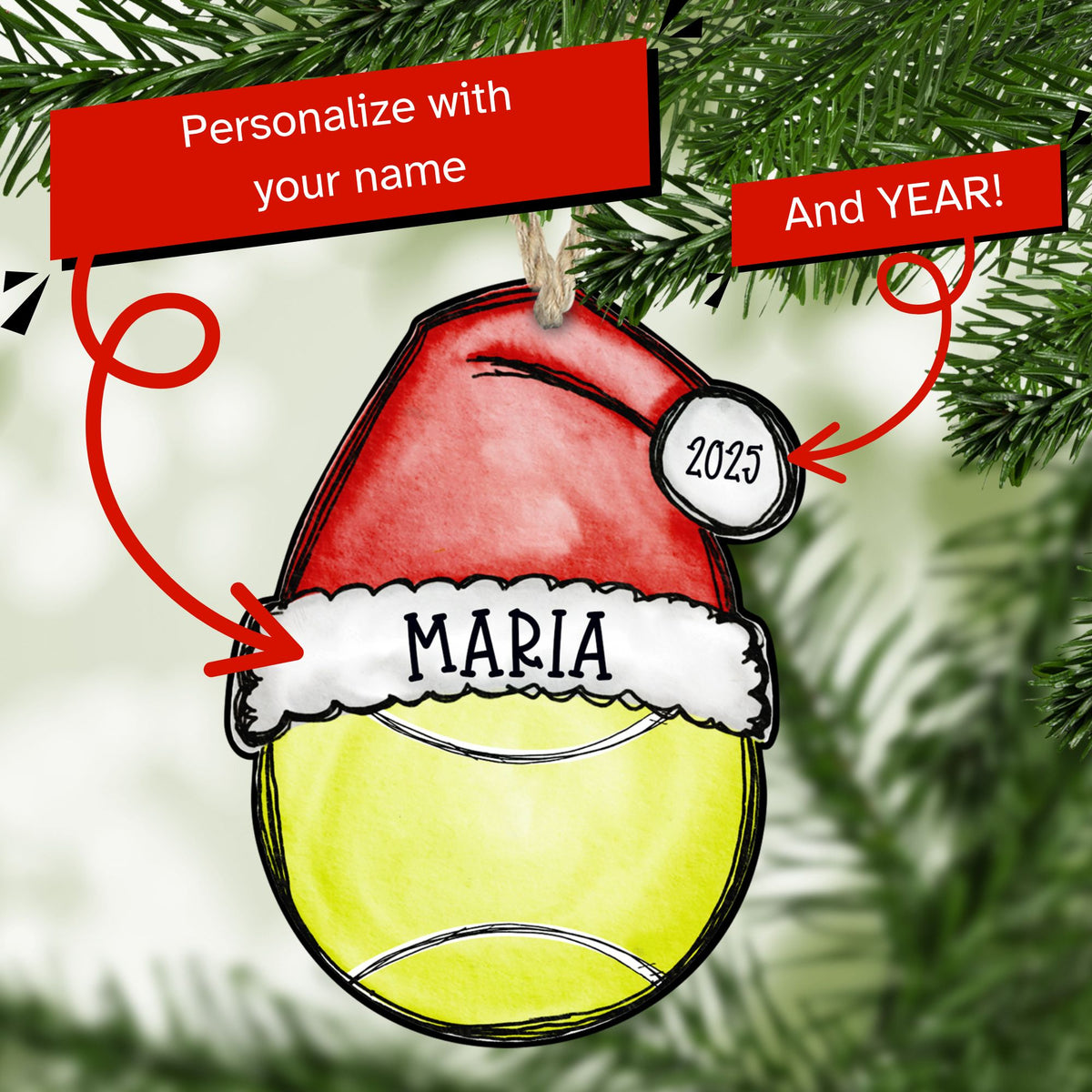 Personalized tennis Christmas ornament with name and year — The Painted Pug