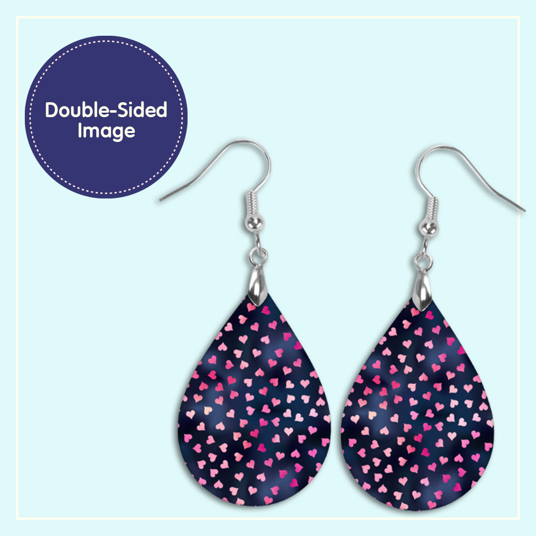 Valentine's Day Earrings – Navy Teardrop with Pink Hearts, Cute Handmade Jewelry