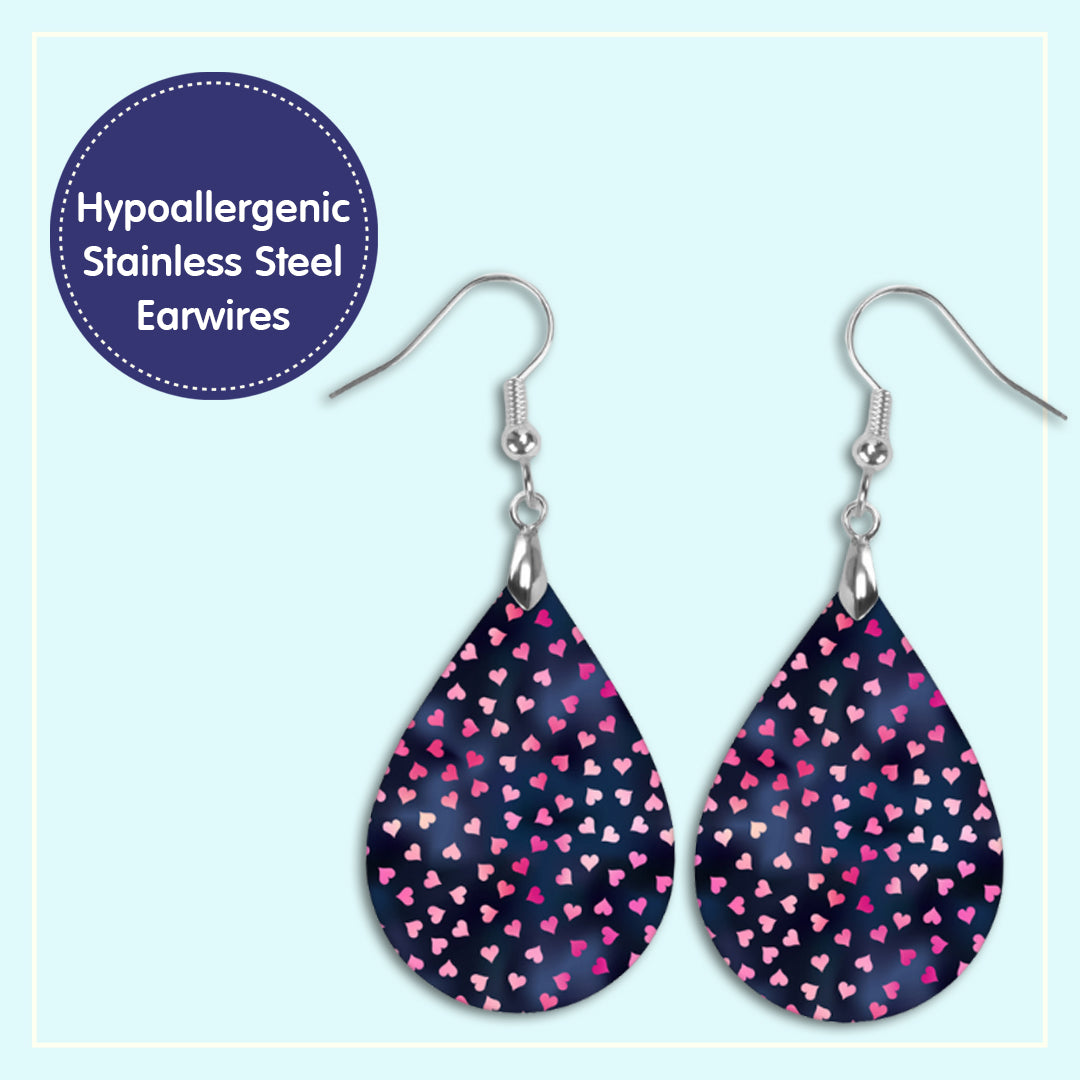 Valentine's Day Earrings – Navy Teardrop with Pink Hearts, Cute Handmade Jewelry