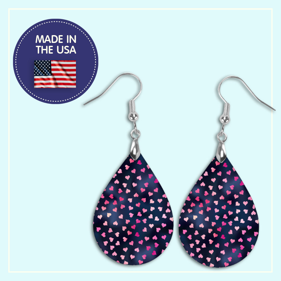 Valentine's Day Earrings – Navy Teardrop with Pink Hearts, Cute Handmade Jewelry