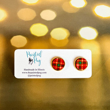 Christmas Plaid Red Green Round Stud Earrings