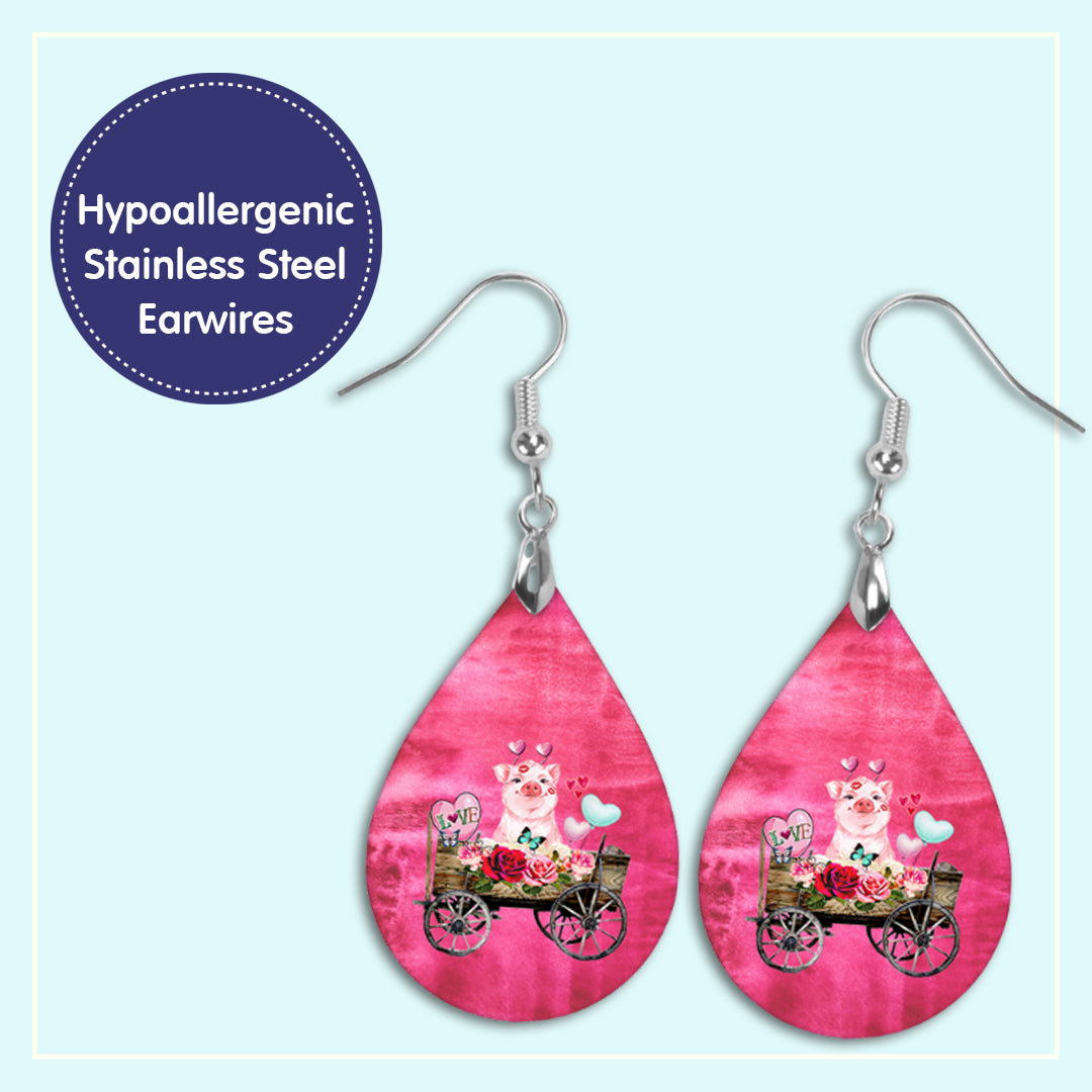 Valentine’s Day Pig Earrings – Pink Wagon Teardrops with Hearts and Flowers