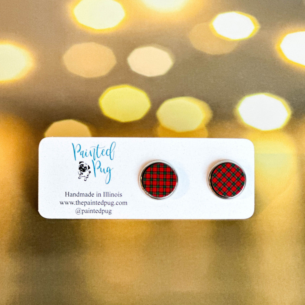 Christmas Red Green Plaid Round Stud Earrings