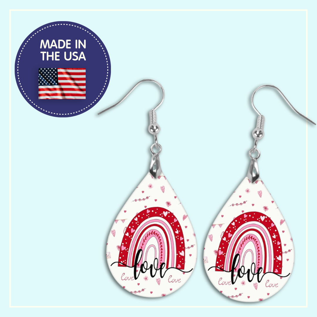 Valentine's Day Teardrop Earrings with Rainbow Design – Double-Sided Printed MDF Wood – Two Sizes Available