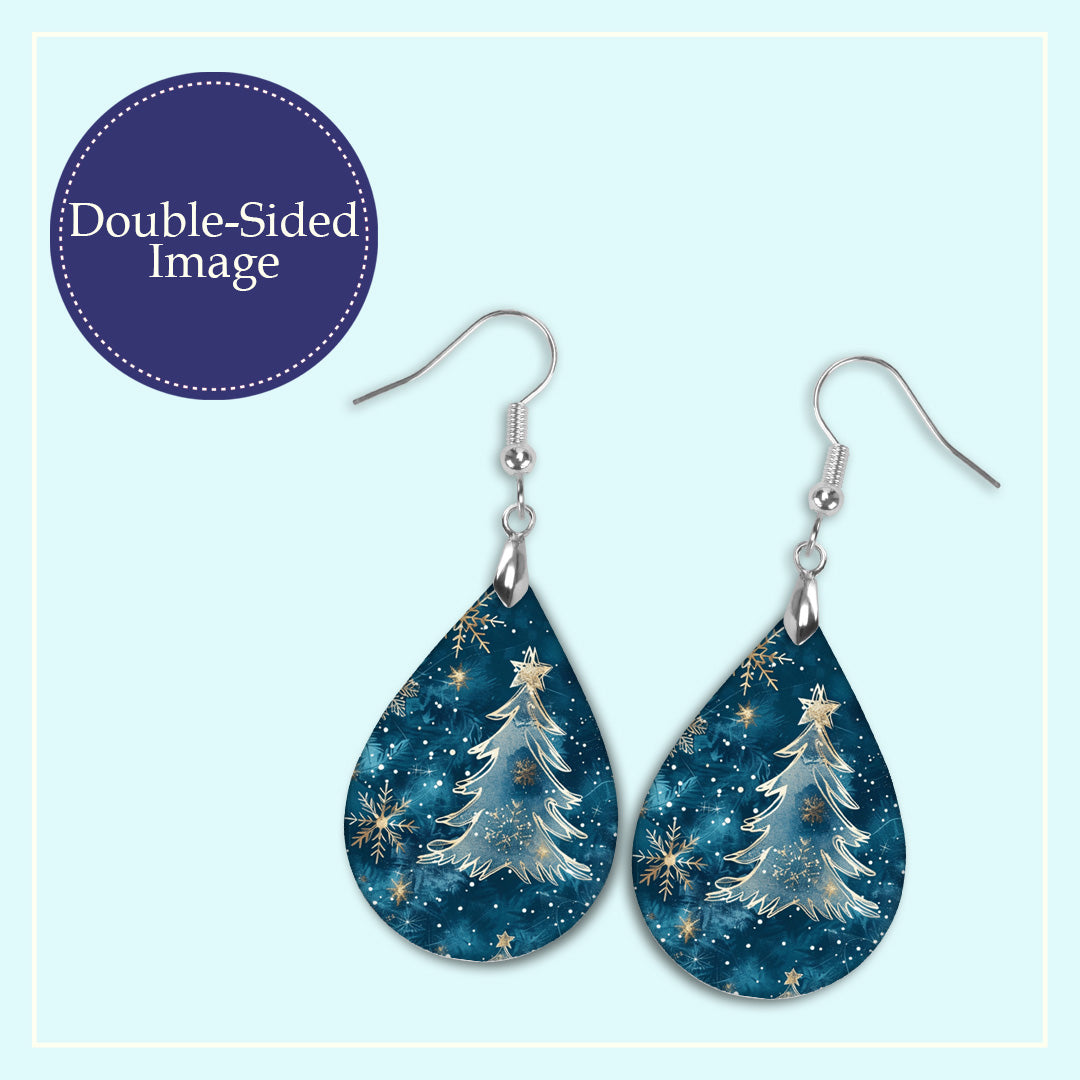 Blue Christmas Tree Earrings – Winter Teardrop Holiday Jewelry