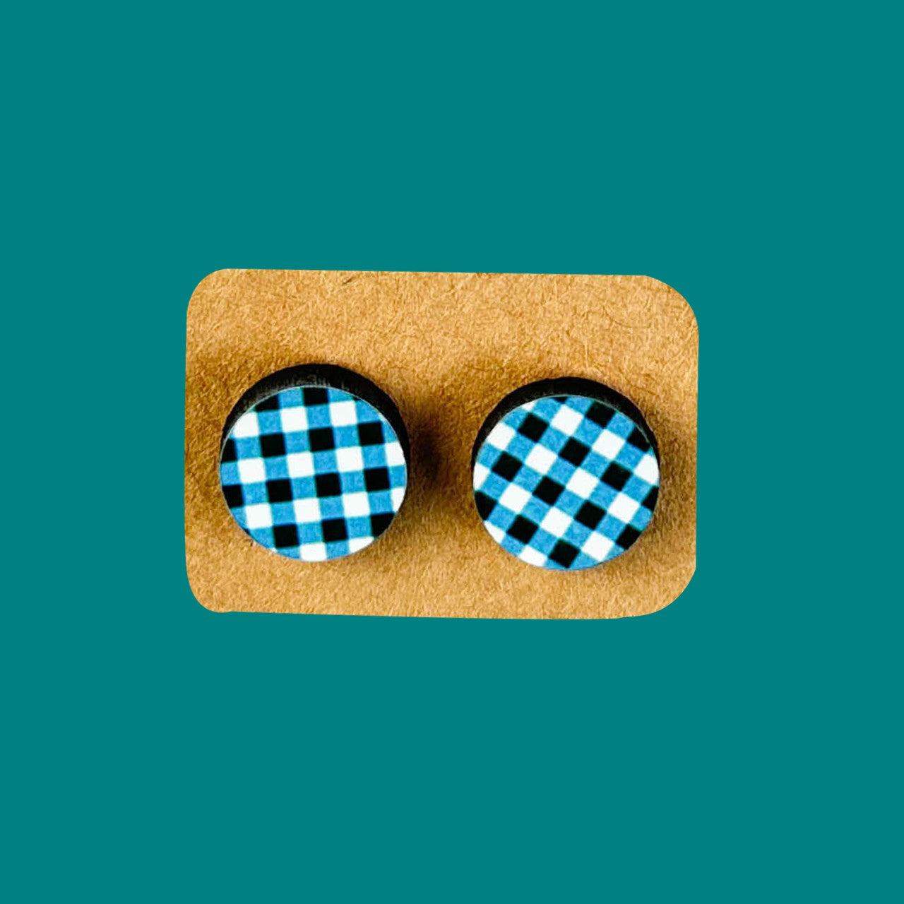 Teal Black Checkered Round Stud Earrings