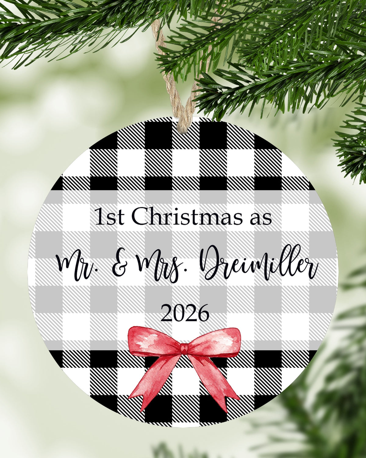 Personalized first Christmas as Mr and Mrs ornament hanging on a Christmas tree - The Painted Pug