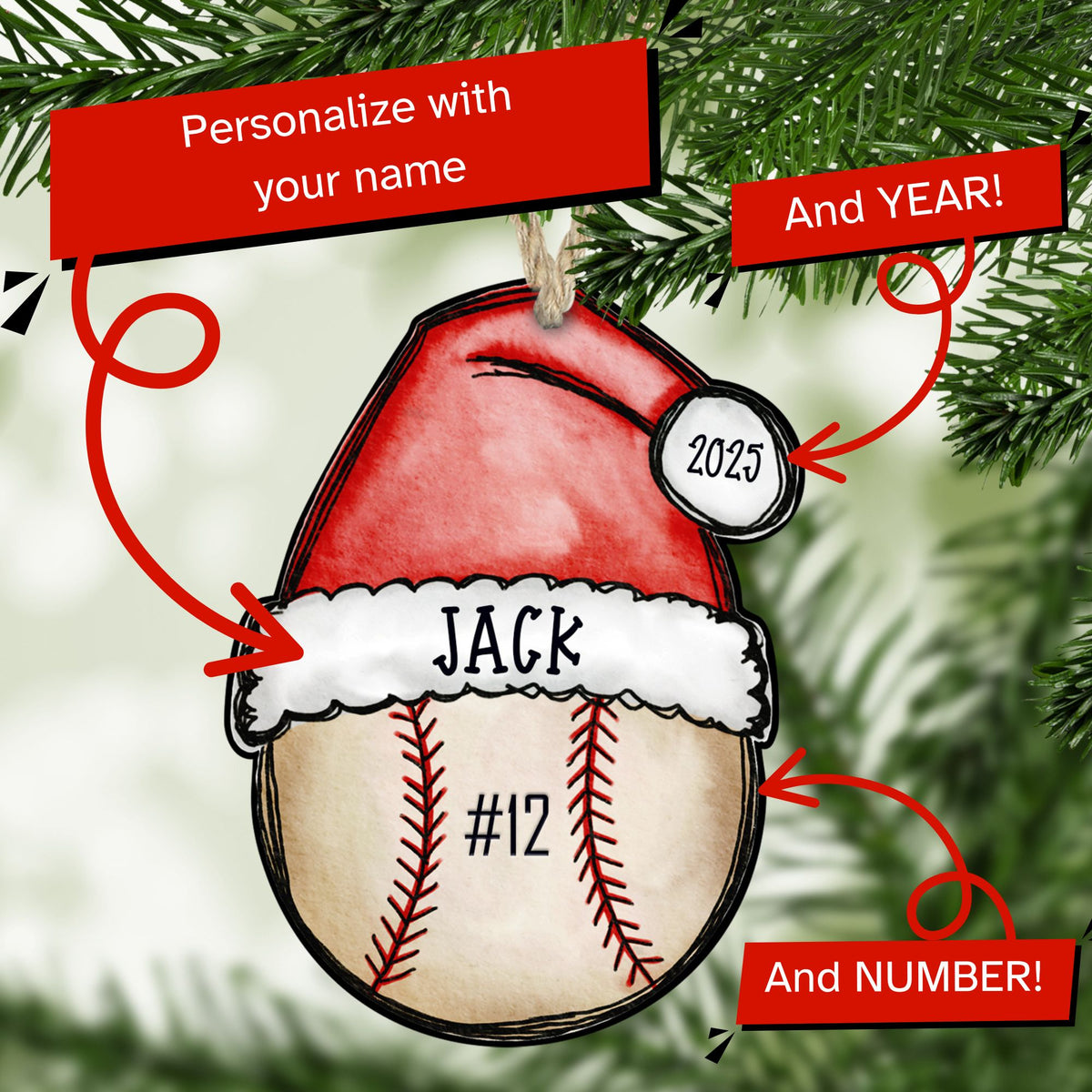 Personalized baseball Christmas ornament with name and year — The Painted Pug