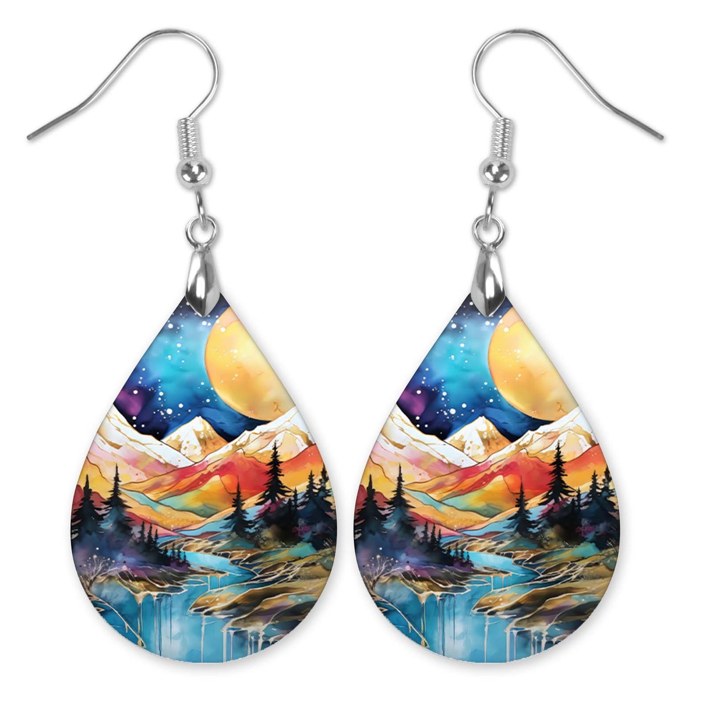 Mountain Earrings Blue Orange Dangle Boho MDF Wood Nature Inspired