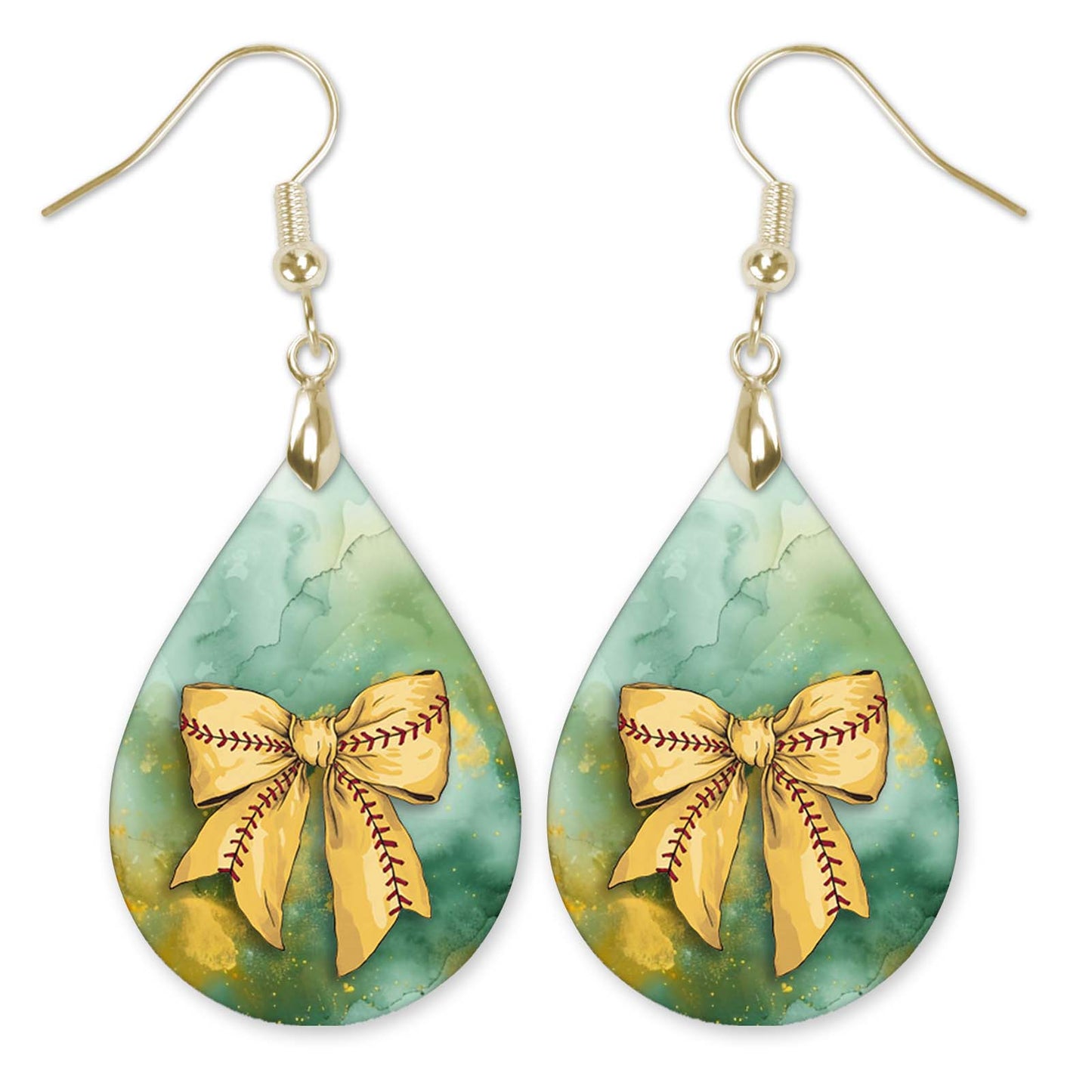 Softball Dangle Earrings Green Gold Boho Coquette Bow