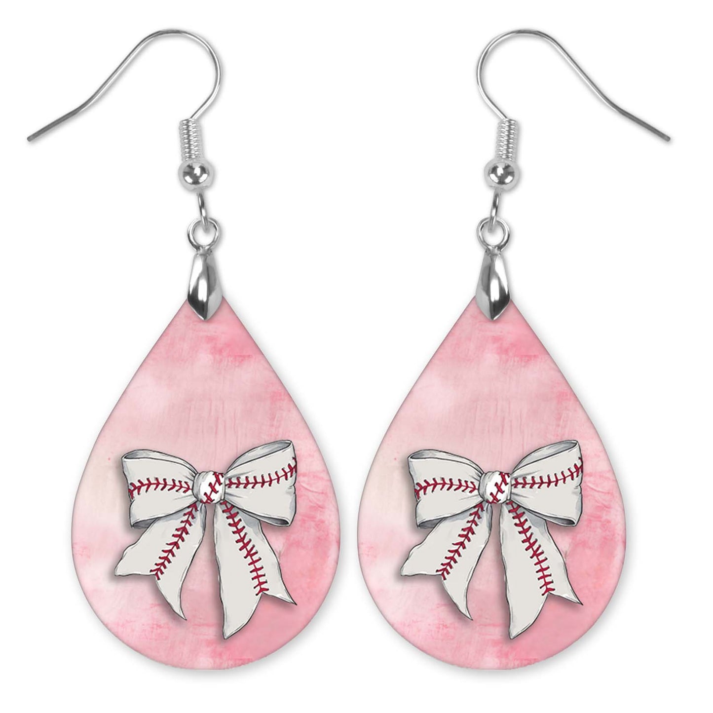 Baseball Earrings Pink Dangle Boho Coquette Bow Printed Wood