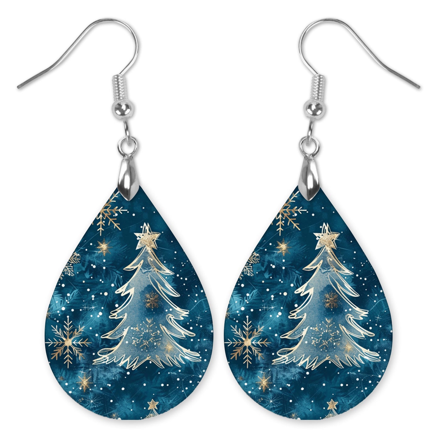 Blue Christmas Tree Earrings – Winter Teardrop Holiday Jewelry