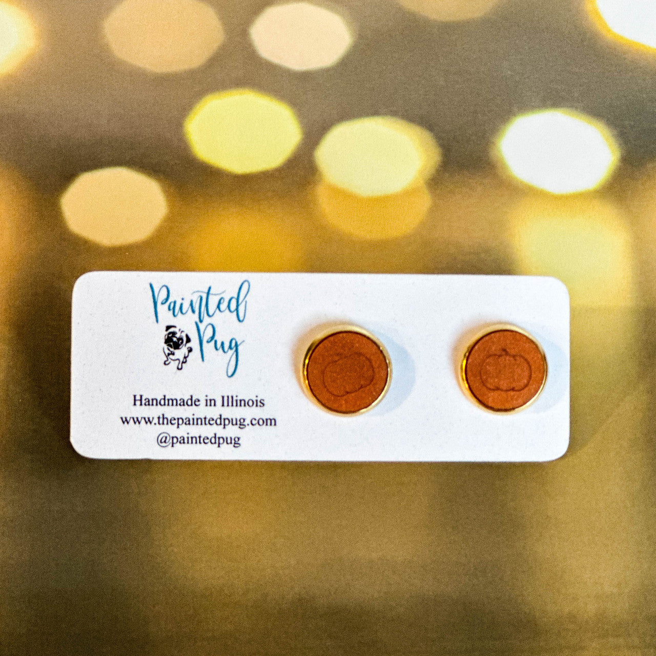 Glittered Gold Pumpkin Outline Fall Halloween Round Stud Earrings