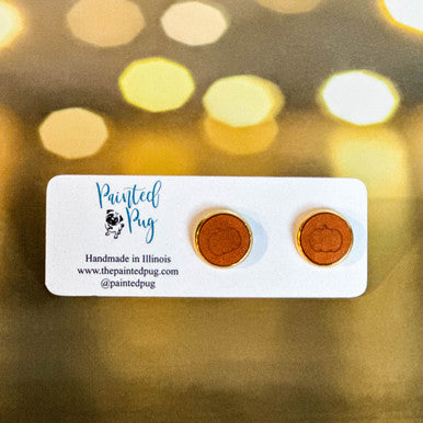 Glittered Gold Pumpkin Outline Fall Halloween Round Stud Earrings