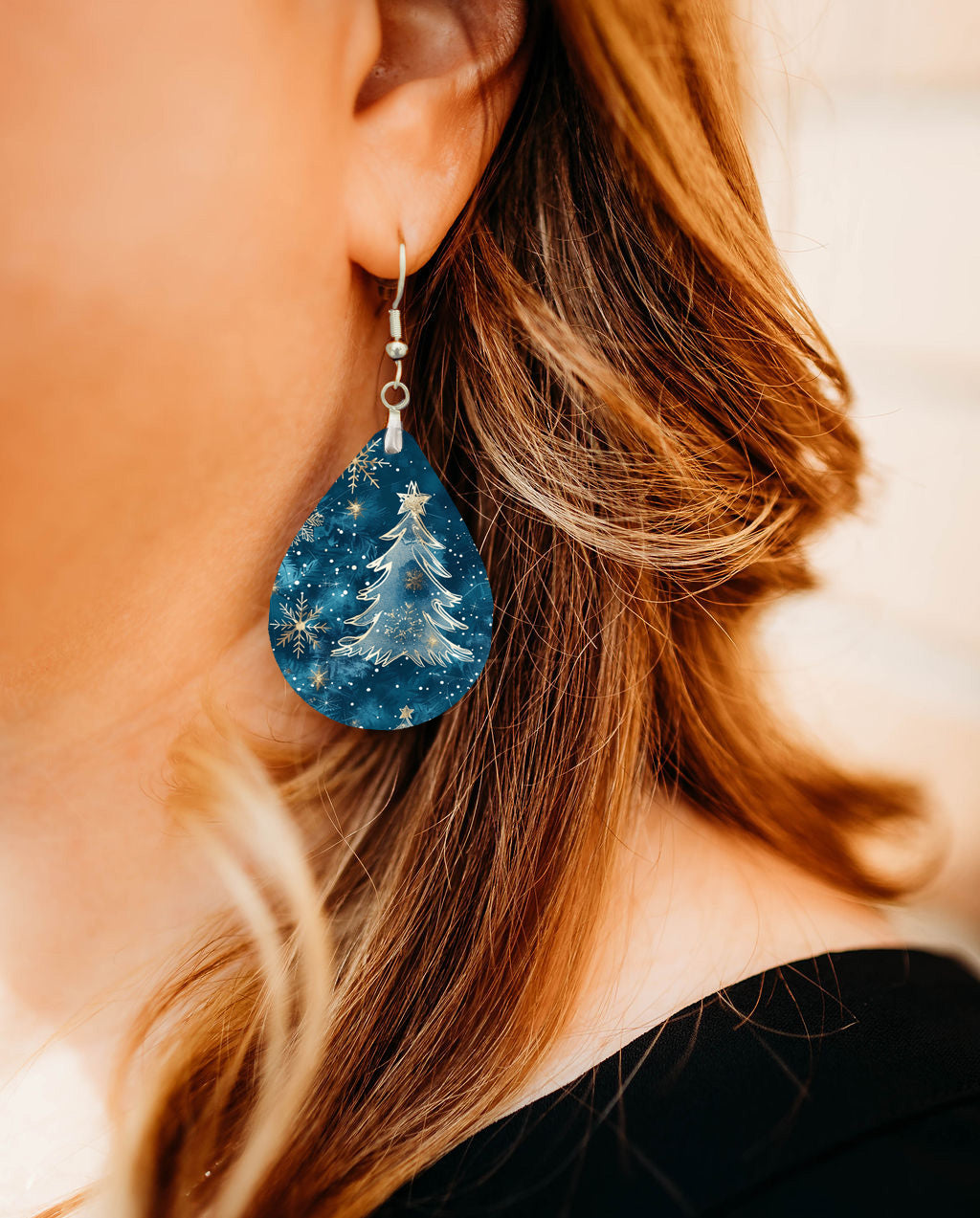 Blue Christmas Tree Earrings – Winter Teardrop Holiday Jewelry