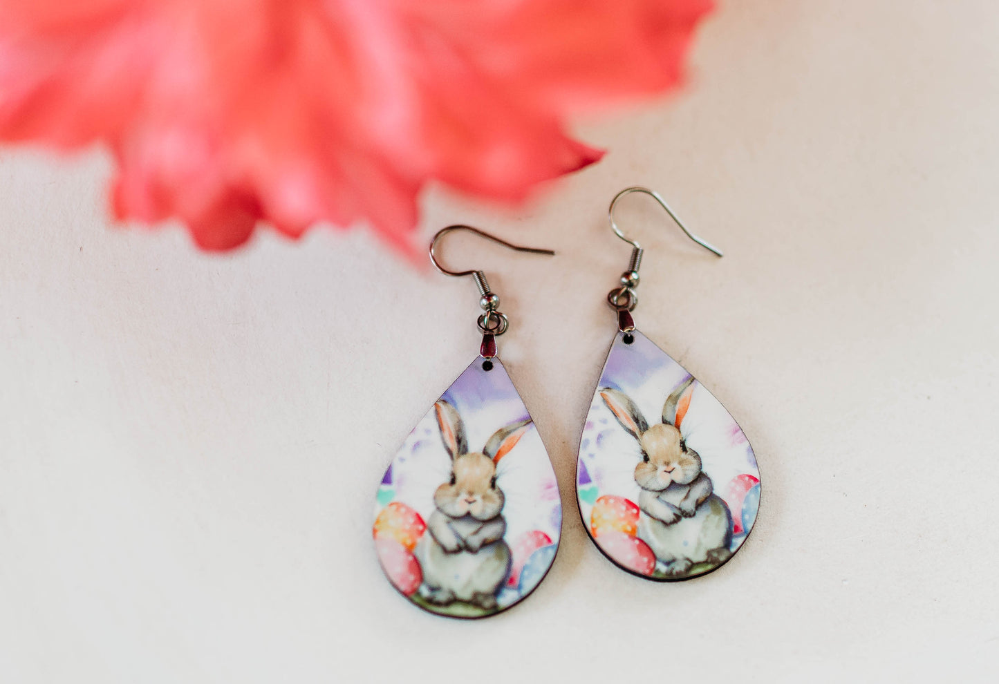 Easter Bunny Teardrop Earrings – Printed Wood Dangles in Two Sizes