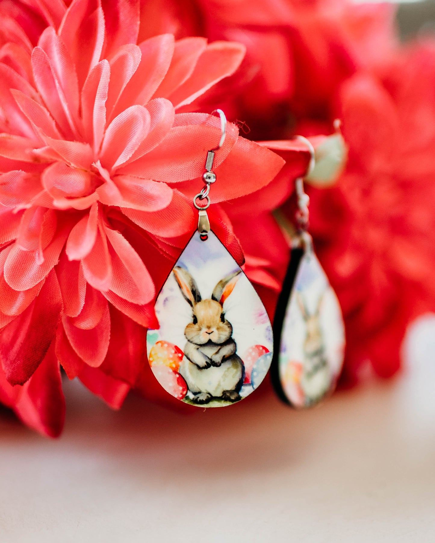 Easter Bunny Teardrop Earrings – Printed Wood Dangles in Two Sizes