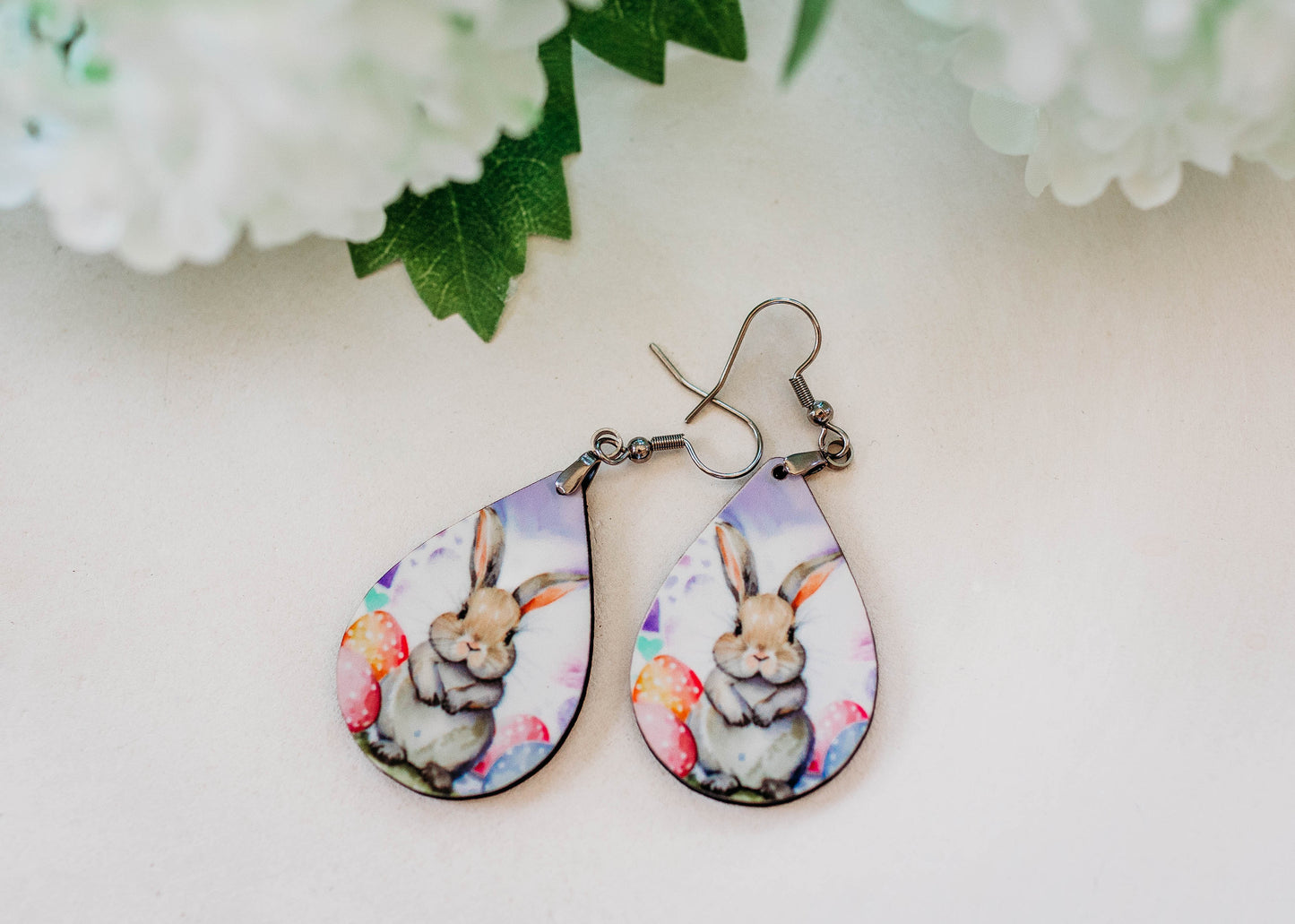 Easter Bunny Teardrop Earrings – Printed Wood Dangles in Two Sizes