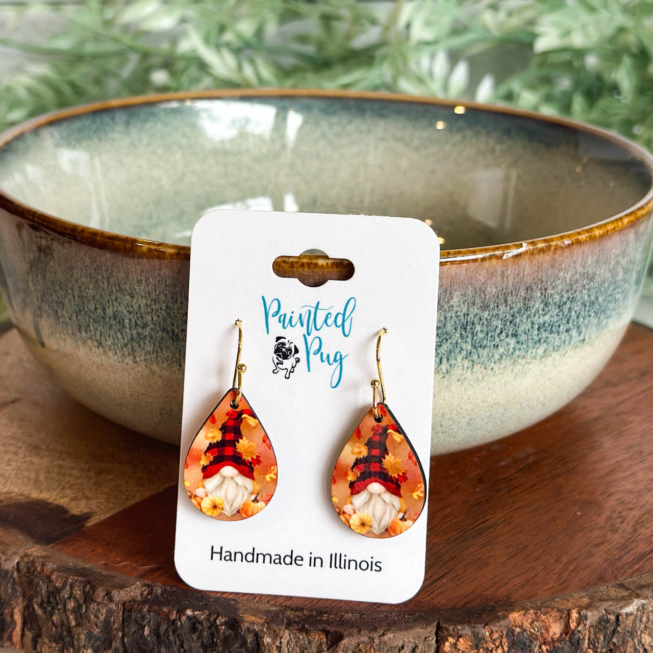 Fall Gnome Golden Leaves Teardrop Earrings