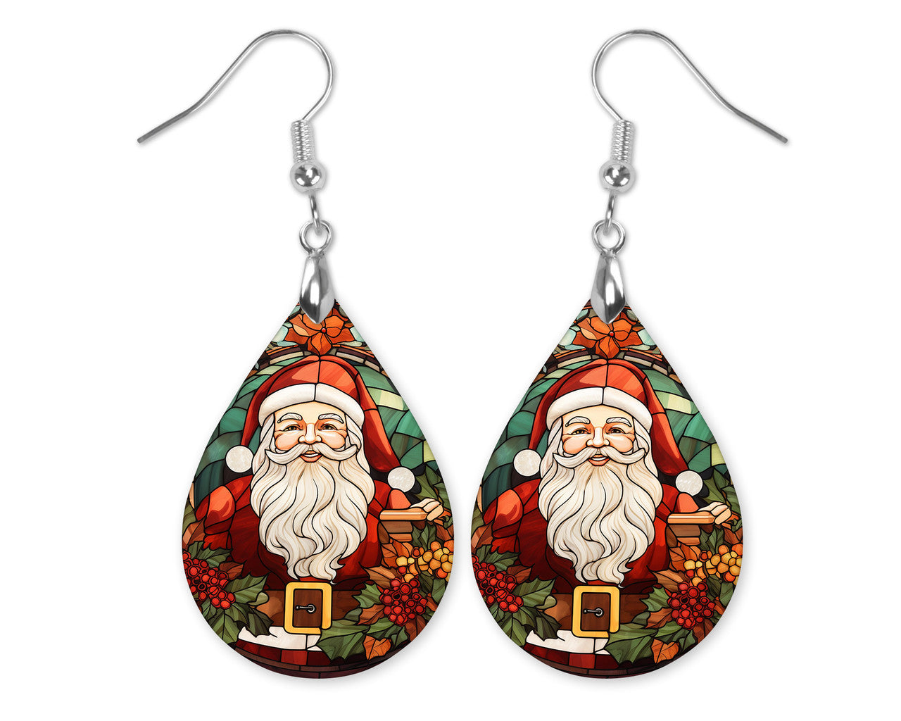 Santa Earrings, Stained Glass Effect Christmas Teardrop Earring
