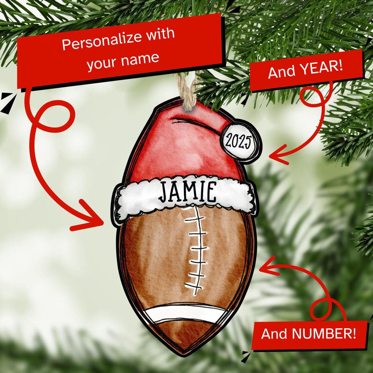 Personalized football Christmas ornament with name and year — The Painted Pug