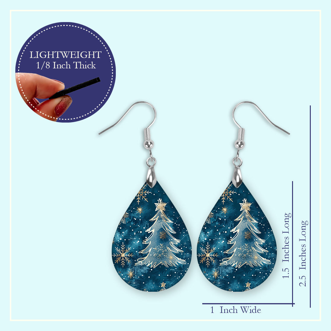 Blue Christmas Tree Earrings – Winter Teardrop Holiday Jewelry