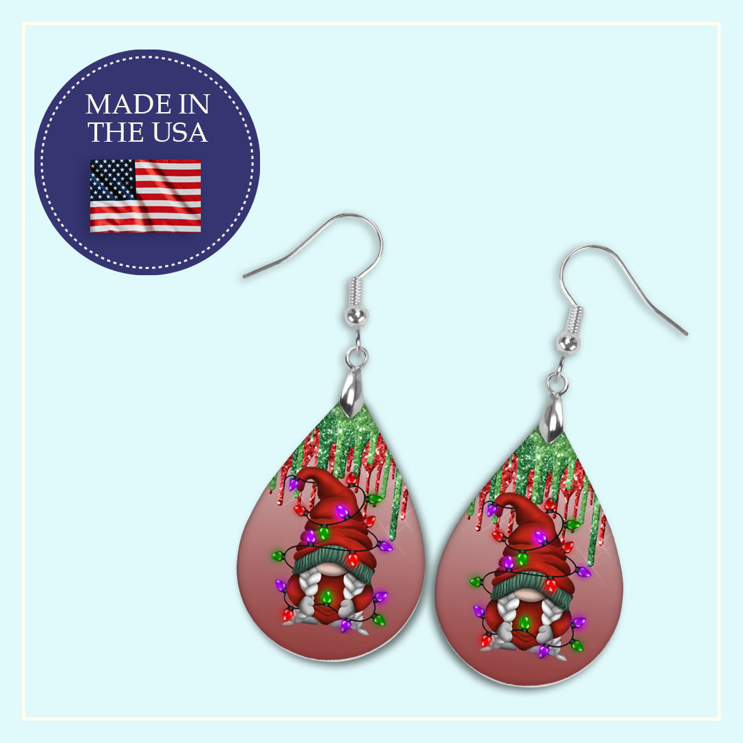 Gnome Christmas Light Earrings - Festive Holiday Teardrop Christmas Earrings