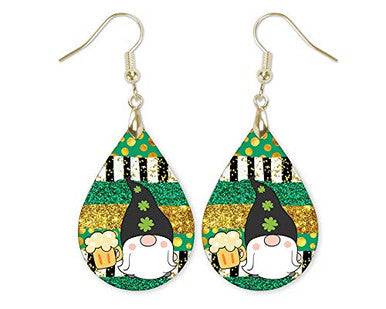 St Patrick's Day Gnome Beer Teardrop Dangle Earrings