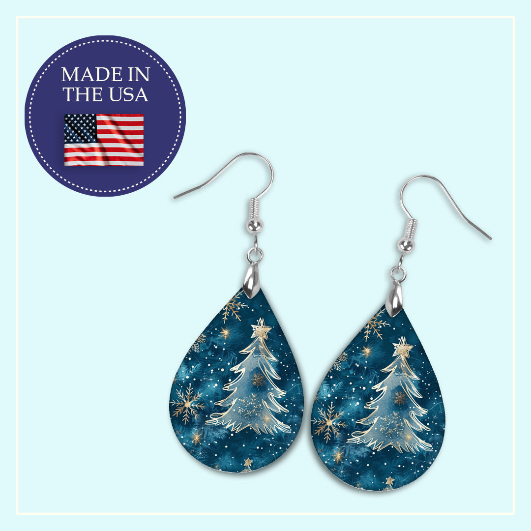 Blue Christmas Tree Earrings – Winter Teardrop Holiday Jewelry