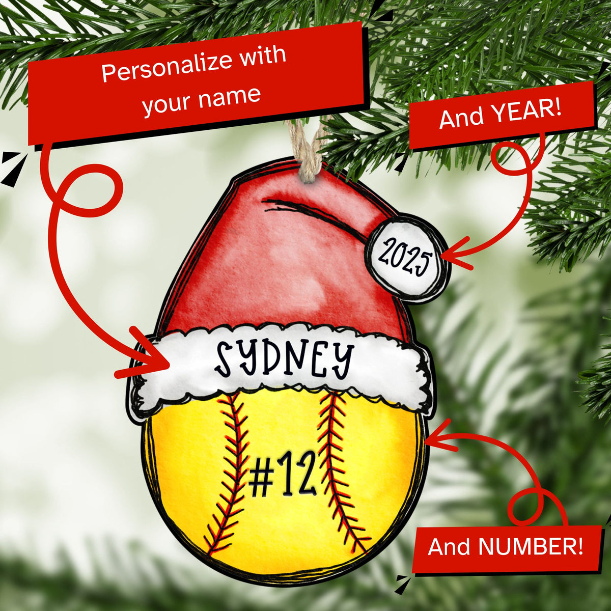 Personalized softball Christmas ornament with name and year — The Painted Pug