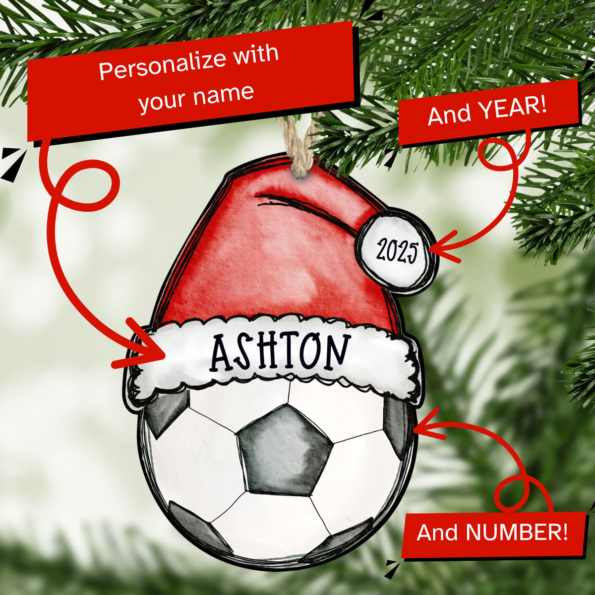 Personalized soccer Christmas ornament with name and year — The Painted Pug