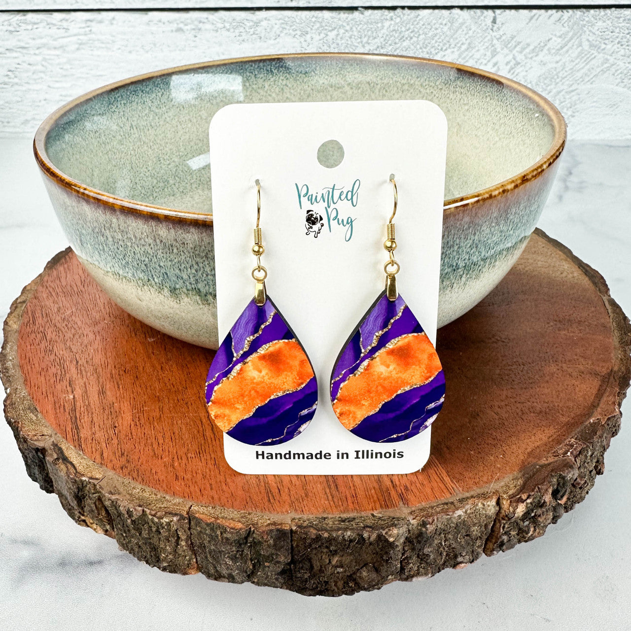 Purple & Orange Teardrop Earrings – Handmade Statement Jewelry with Gold Accents