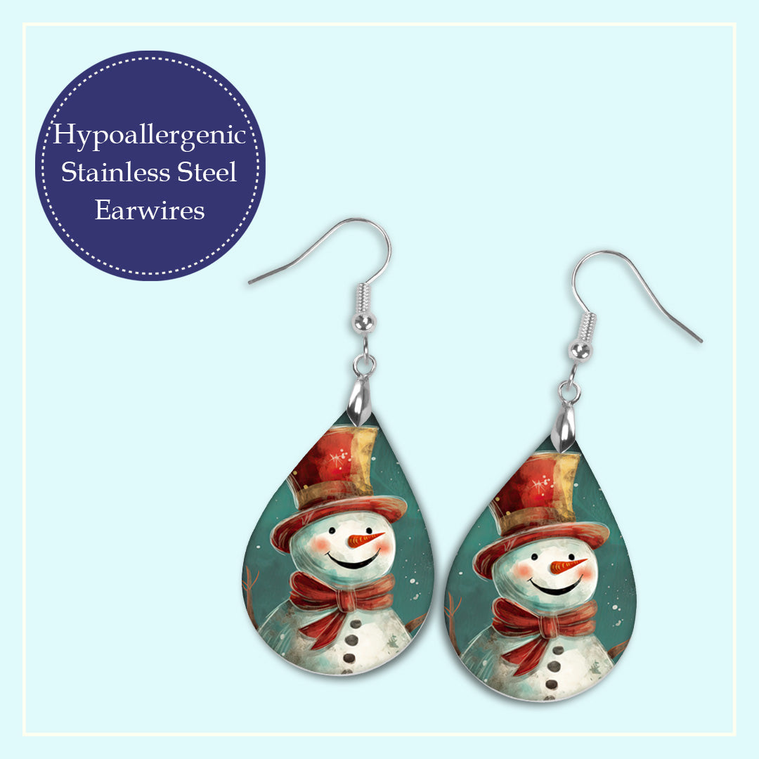 Snowman Christmas Teardrop Earrings – Festive Winter Holiday Jewelry