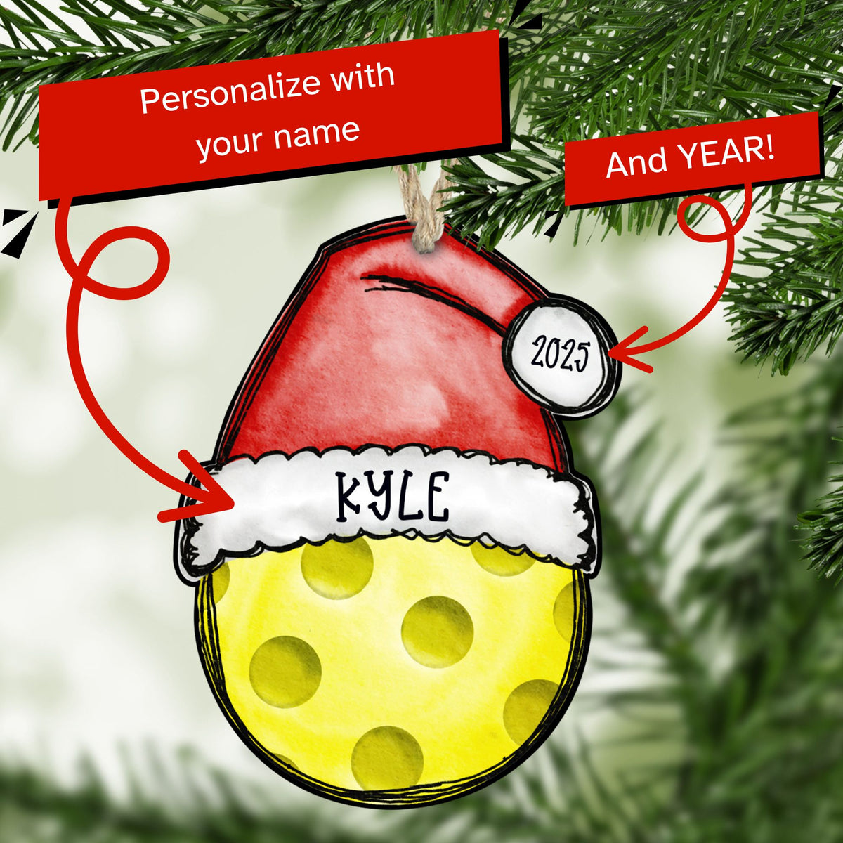Personalized pickleball Christmas ornament with name and year — The Painted Pug
