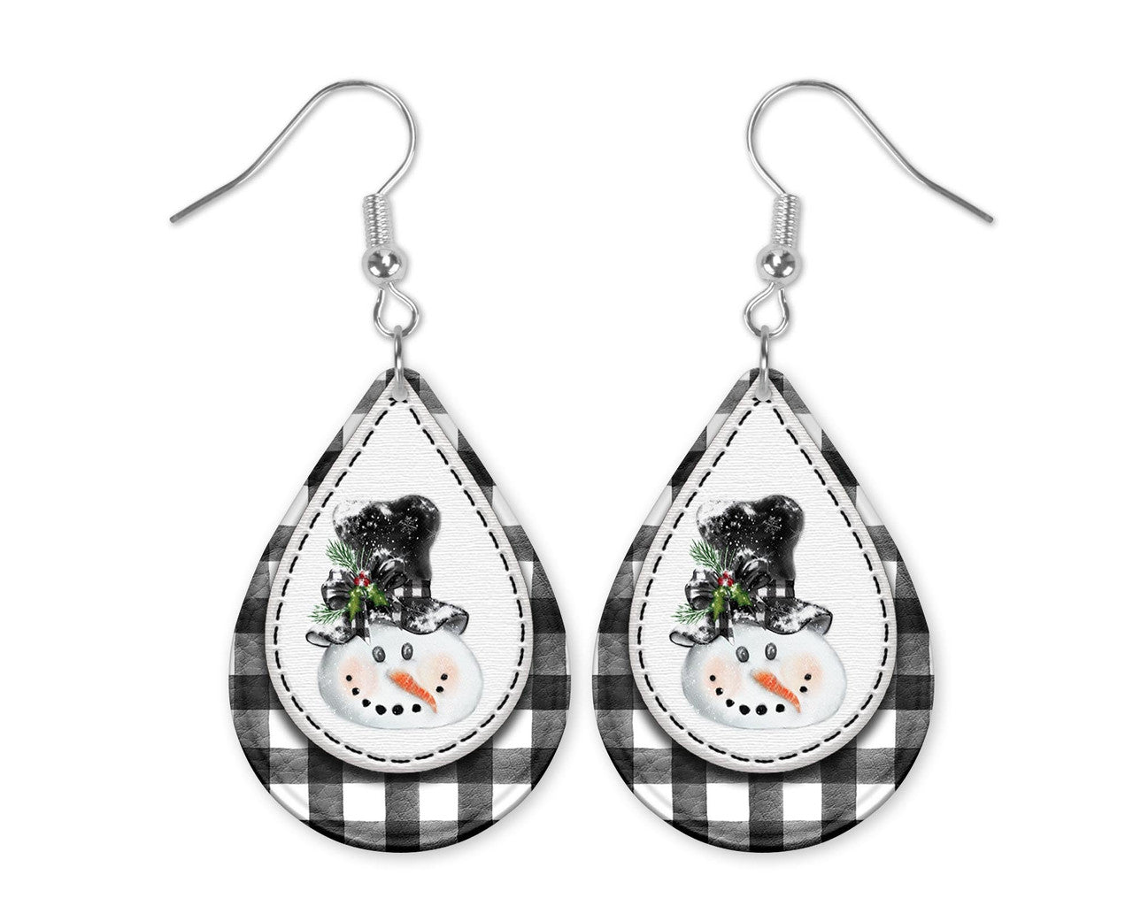 Snowman Plaid Teardrop Dangle Earrings