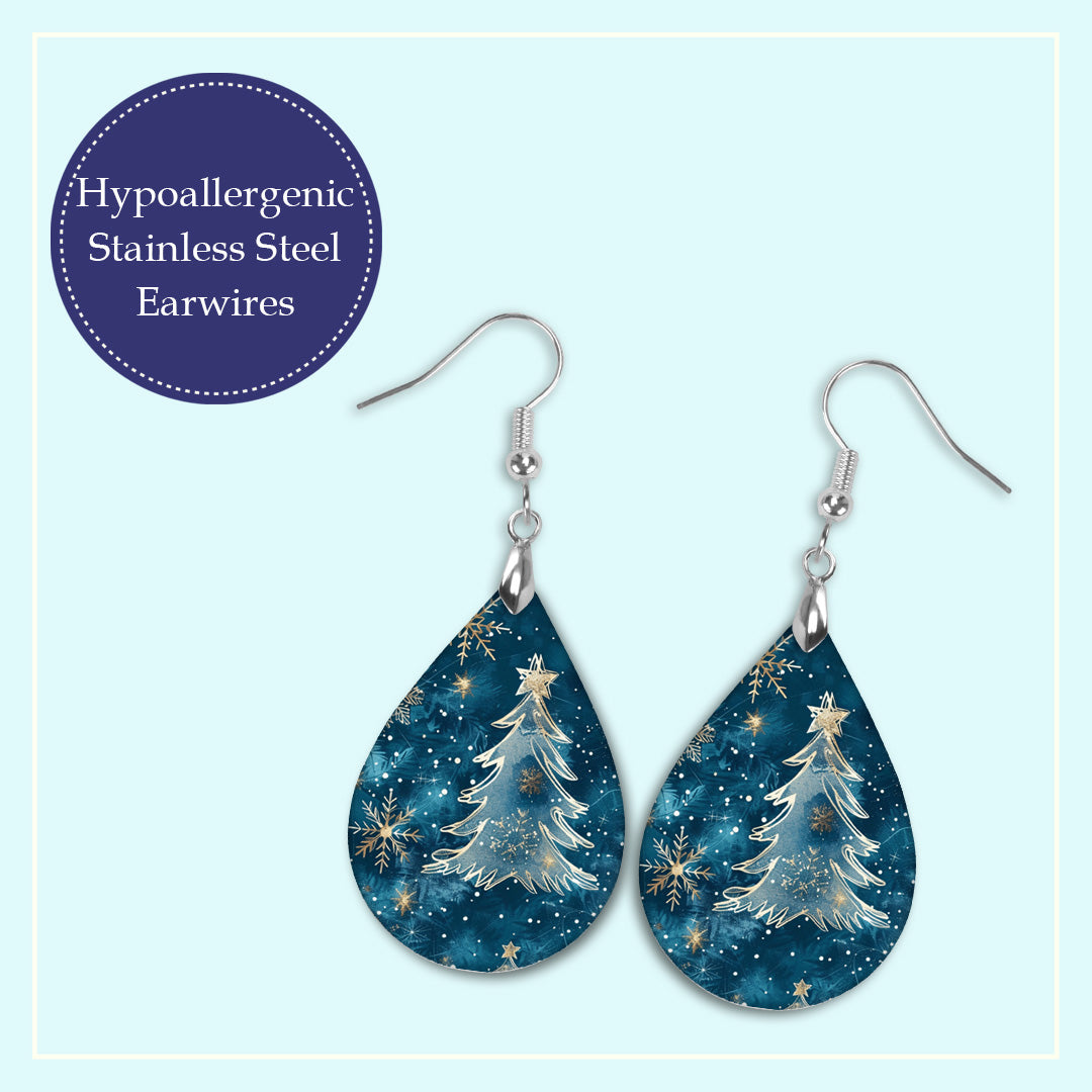 Blue Christmas Tree Earrings – Winter Teardrop Holiday Jewelry
