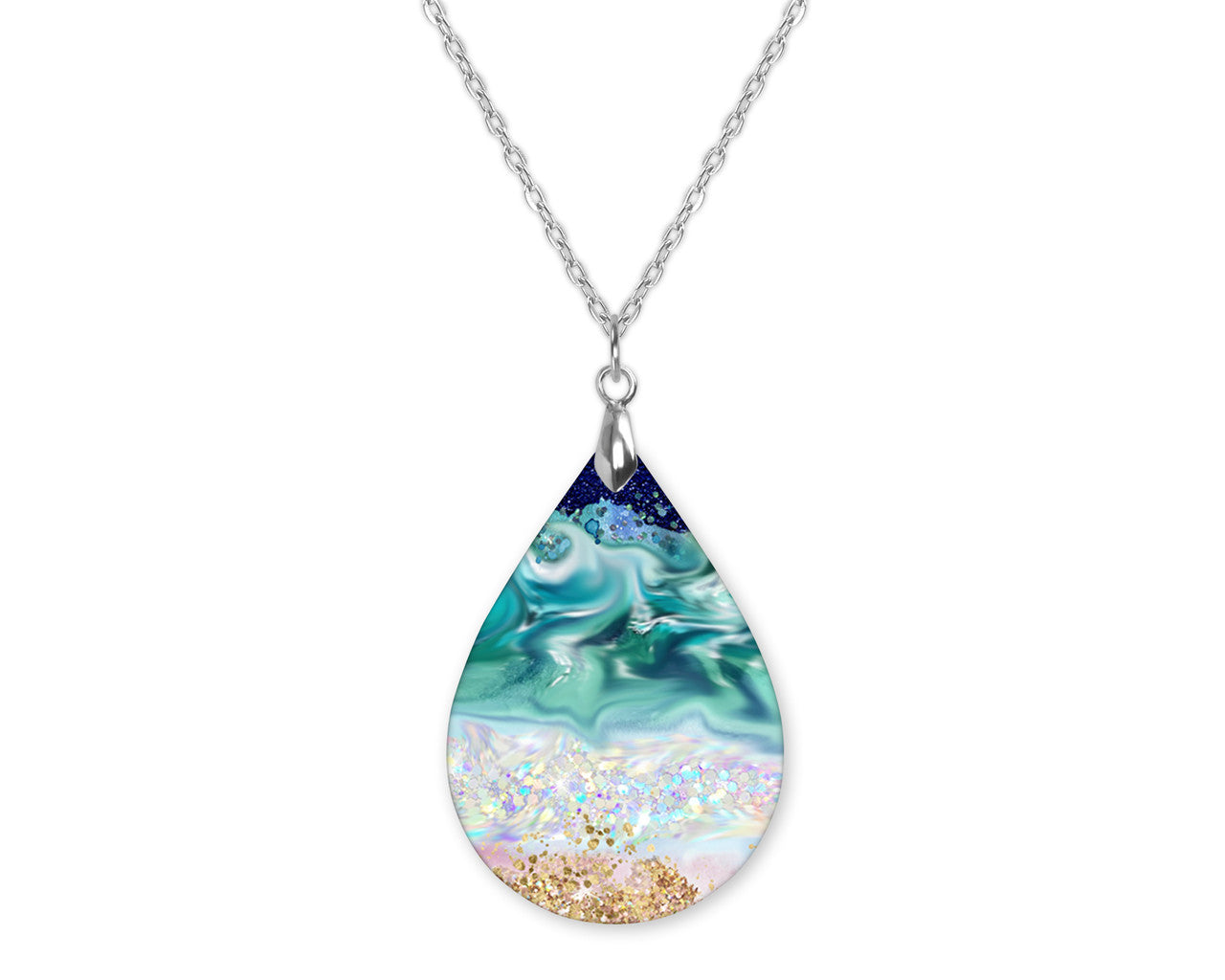 Teal Green Glittered Gold Agate Teardrop Shape Necklace