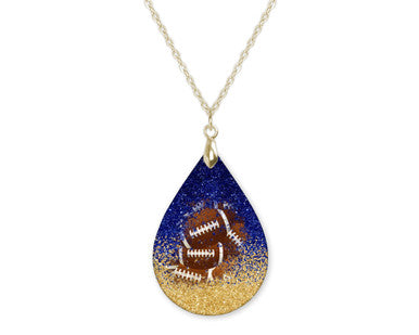 Blue Gold Glitter Football Teardrop Shape Necklace