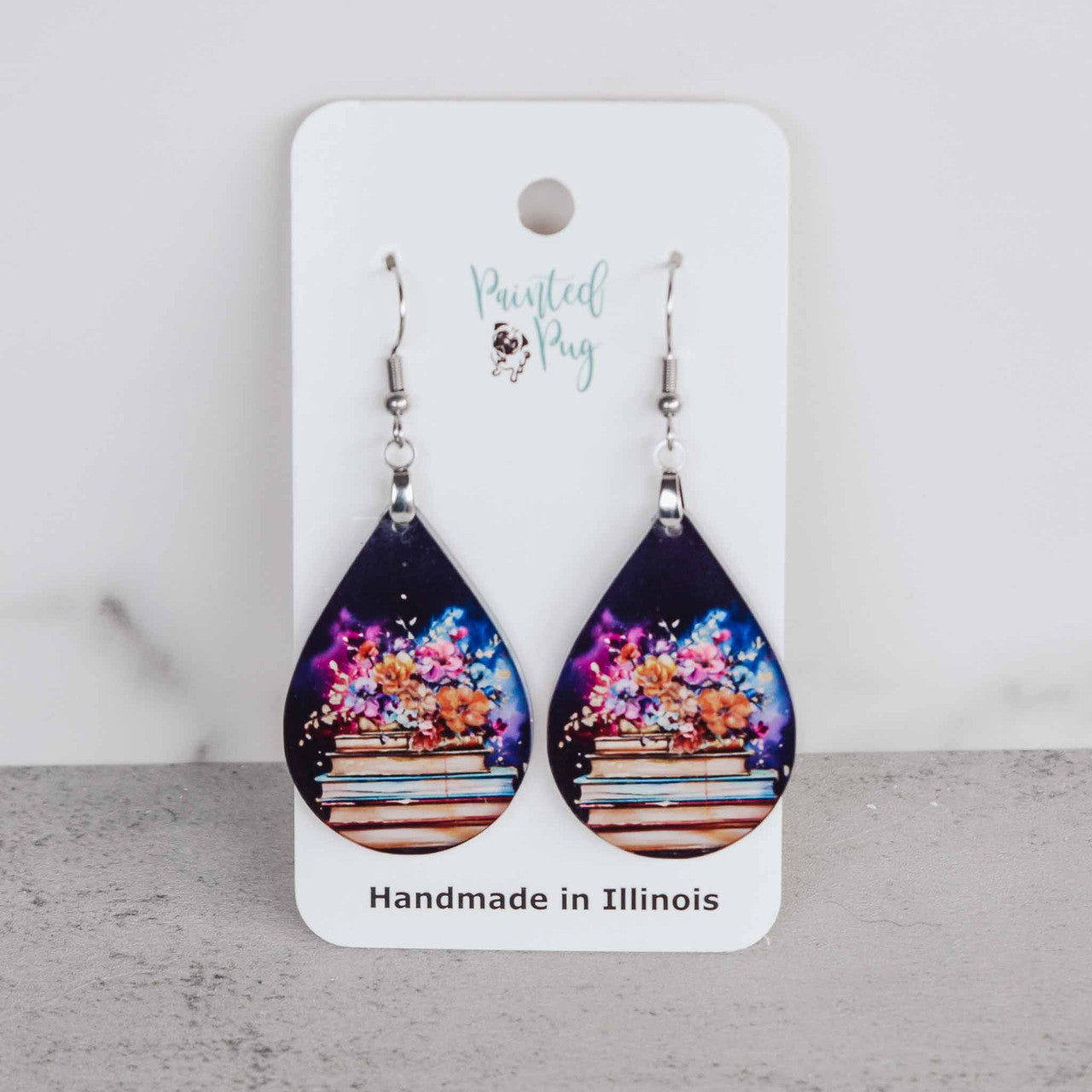 Floral Book Lover Earrings – Acrylic Teardrop Dangle for Readers and Teachers