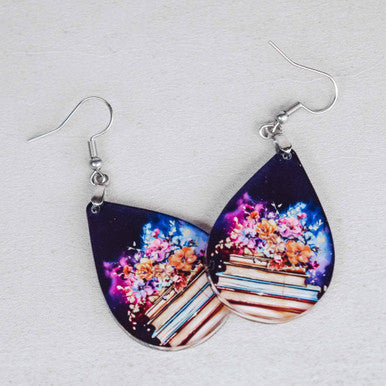 Floral Book Lover Earrings – Acrylic Teardrop Dangle for Readers and Teachers
