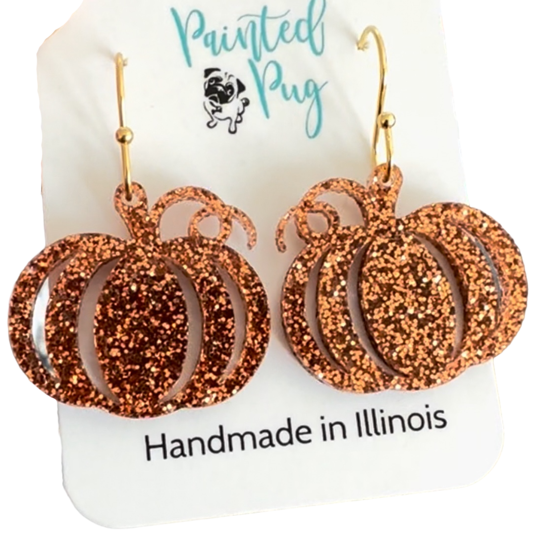 Bronze Glitter Pumpkin Earrings – Handmade Fall Dangle Earrings for Women, Hypoallergenic Jewelry for Halloween & Thanksgiving