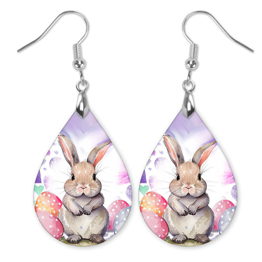 Easter Bunny Teardrop Earrings – Printed Wood Dangles in Two Sizes
