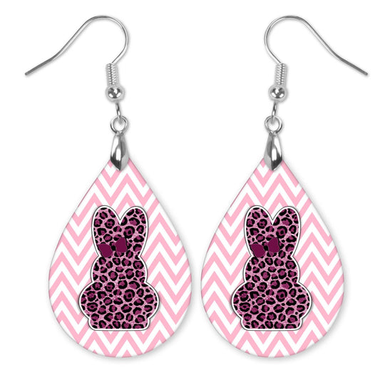 Leopard Bunny Easter Earrings – Pink Chevron Wood Teardrops in Two Sizes