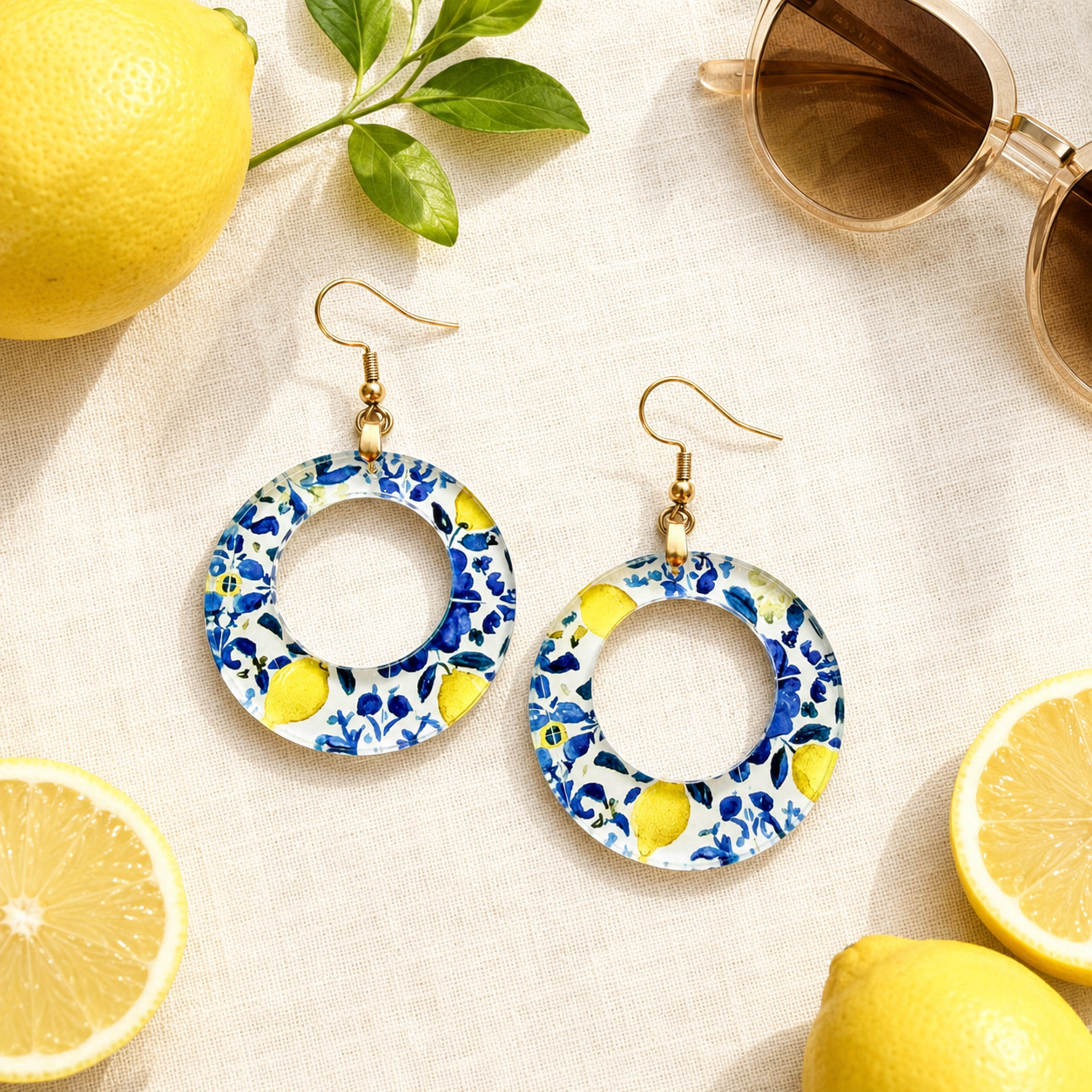 Blue and Yellow Lemon Flower Dangle Hoop Earrings