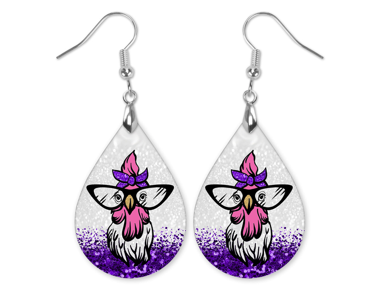 Chicken Teardrop Earrings – Funny Farm Animal Design with Purple Bow