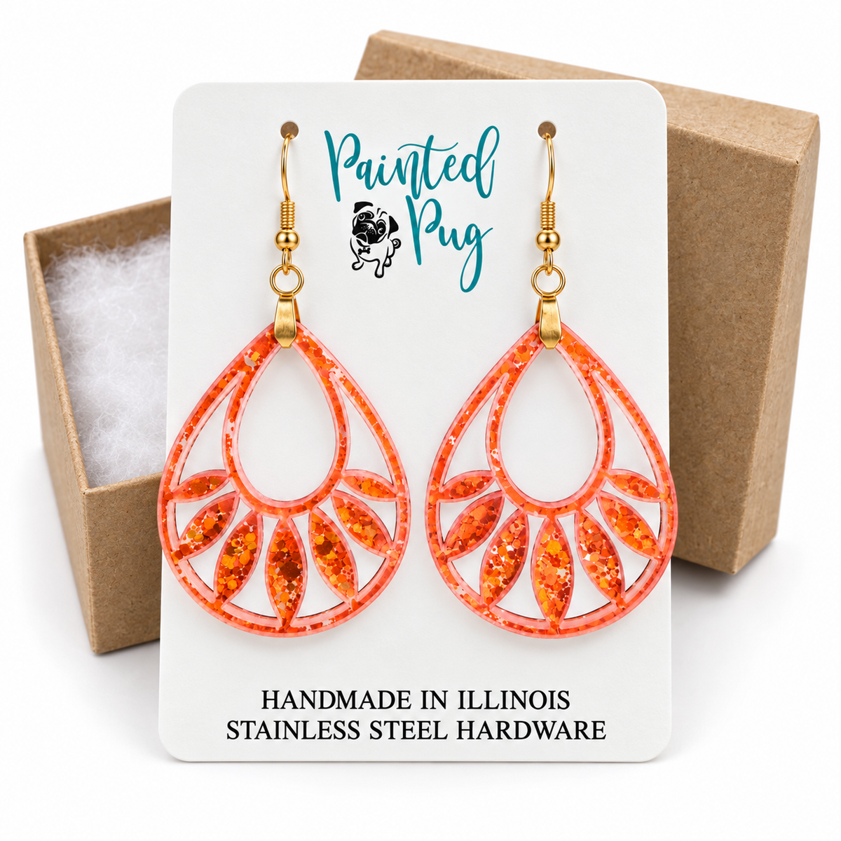 Orange Glitter Teardrop Acrylic Earrings