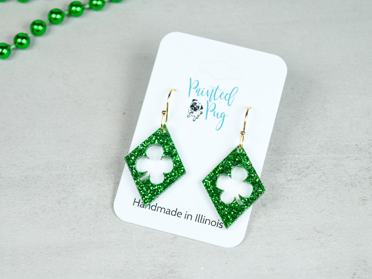 St. Patrick's Day Clover Earrings – Green Glitter Acrylic Dangles